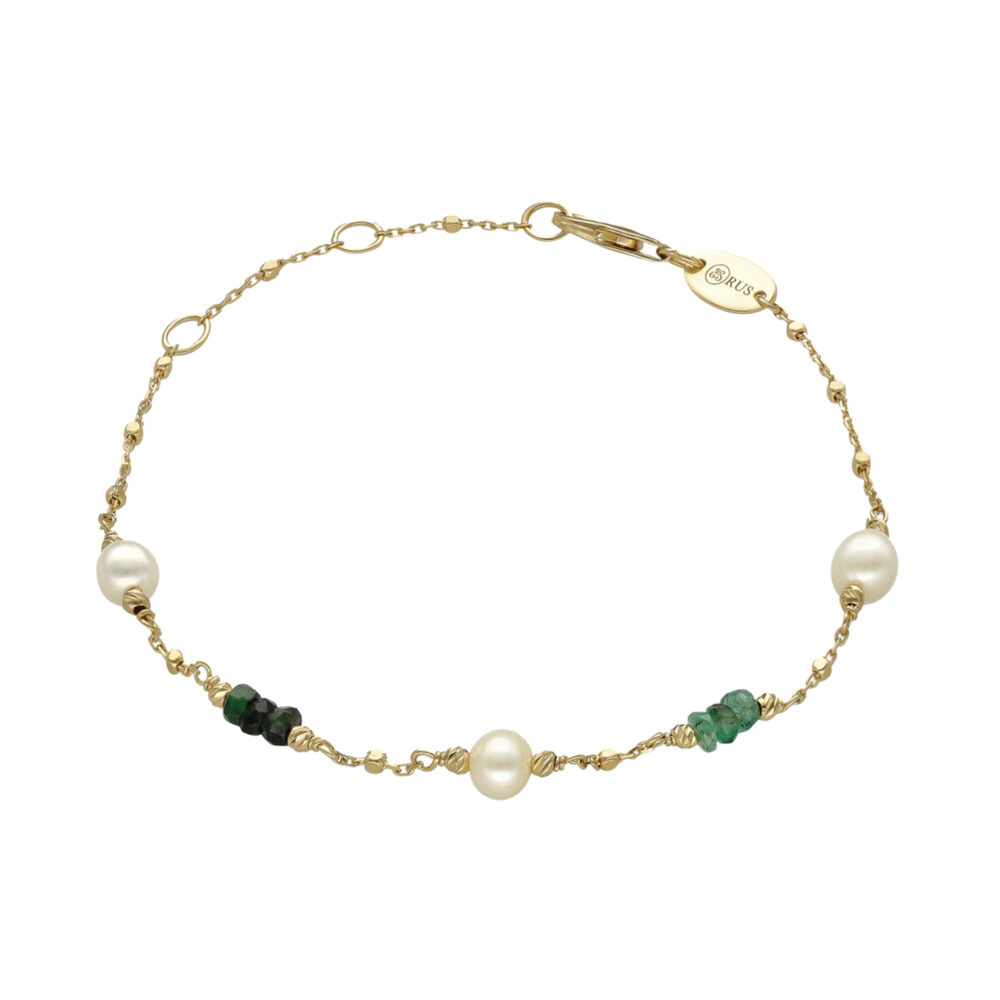 Bracelet argent doré pierres précieuses émeraude véritable et perle naturelle blanche