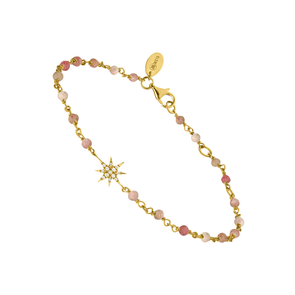 Bracelet argent doré étoile zirconium blanc et pierres quartz rose fraise