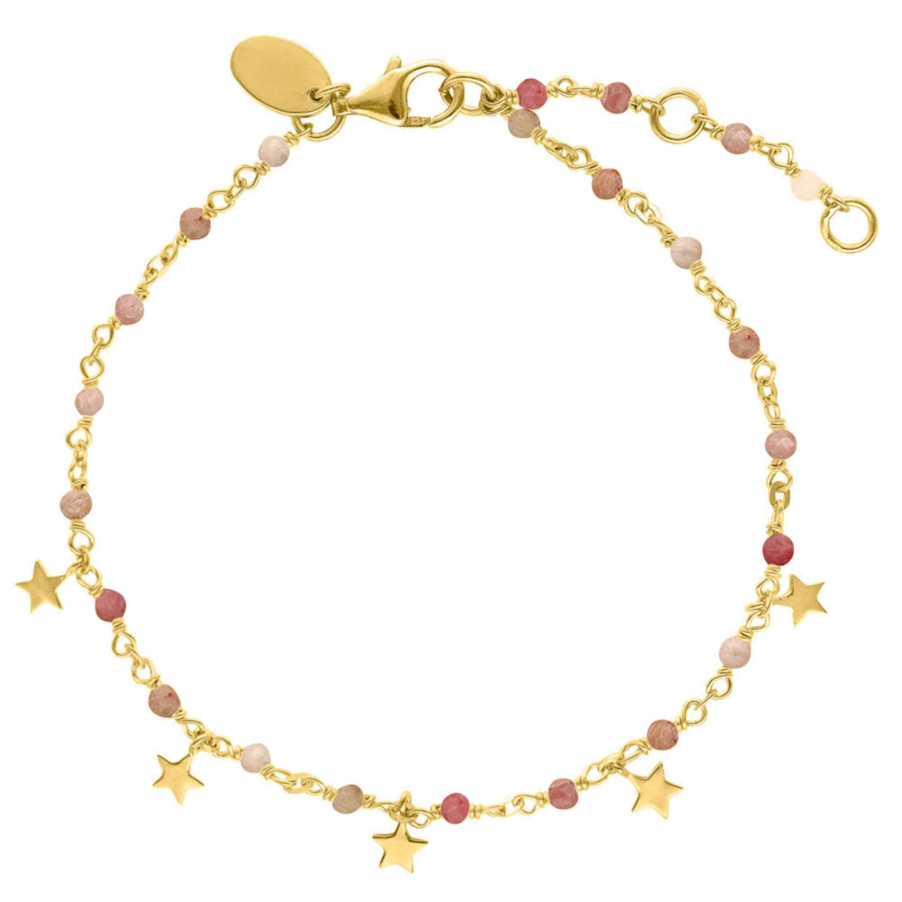 Bracelet argent doré étoiles pierres naturelles quartz rose fraise