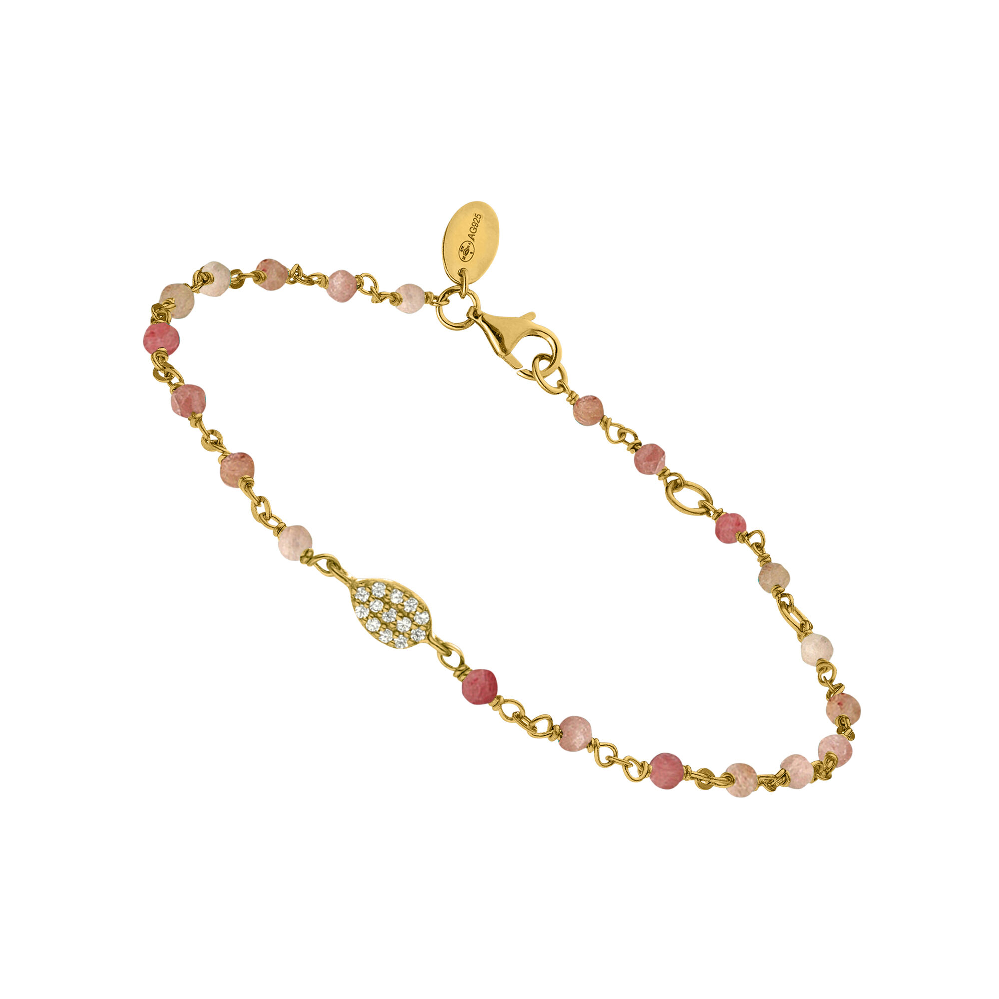 Bracelet argent doré goutte serti blanc pierres quartz rose fraise