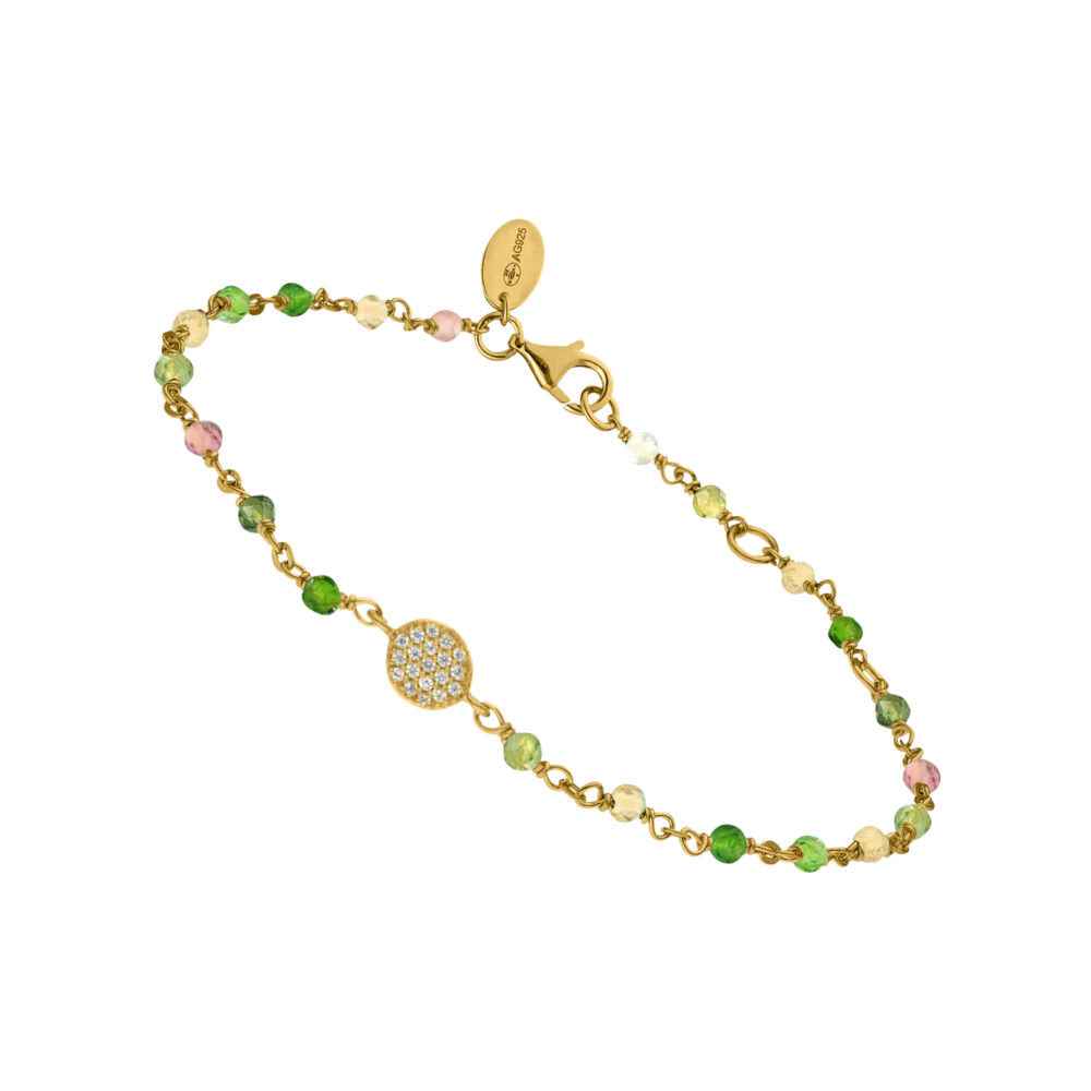 Bracelet argent doré médaillon serti blanc et pierres multi-tourmaline