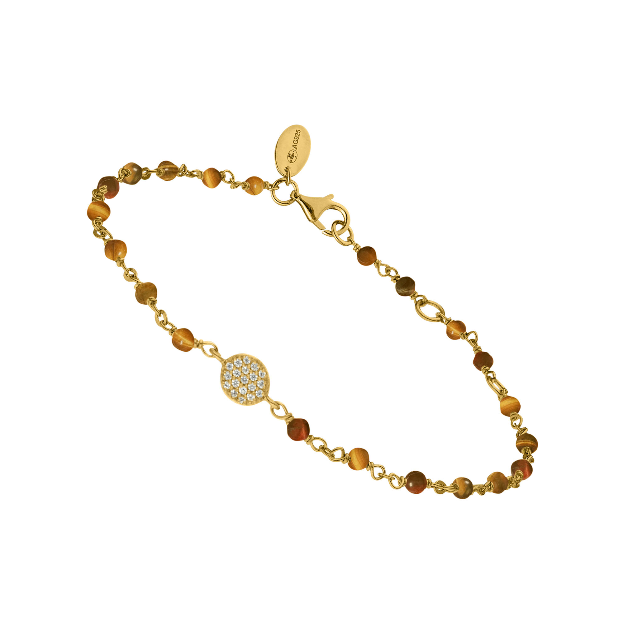 Bracelet argent doré médaillon serti blanc et pierres œil de tigre