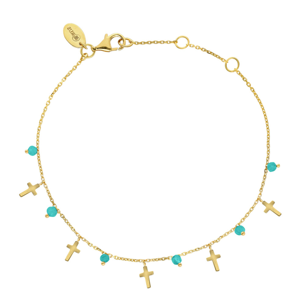 Bracelet argent doré motif croix et pierres turquoise