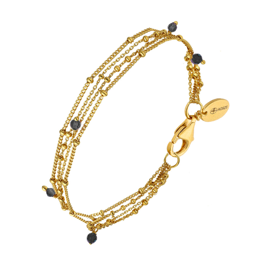 Bracelet argent doré multiples chaine et pierres naturelles spinelle noire