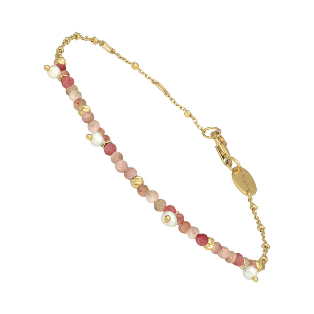 Bracelet argent doré pampille perle naturelle et rhodonite fraise