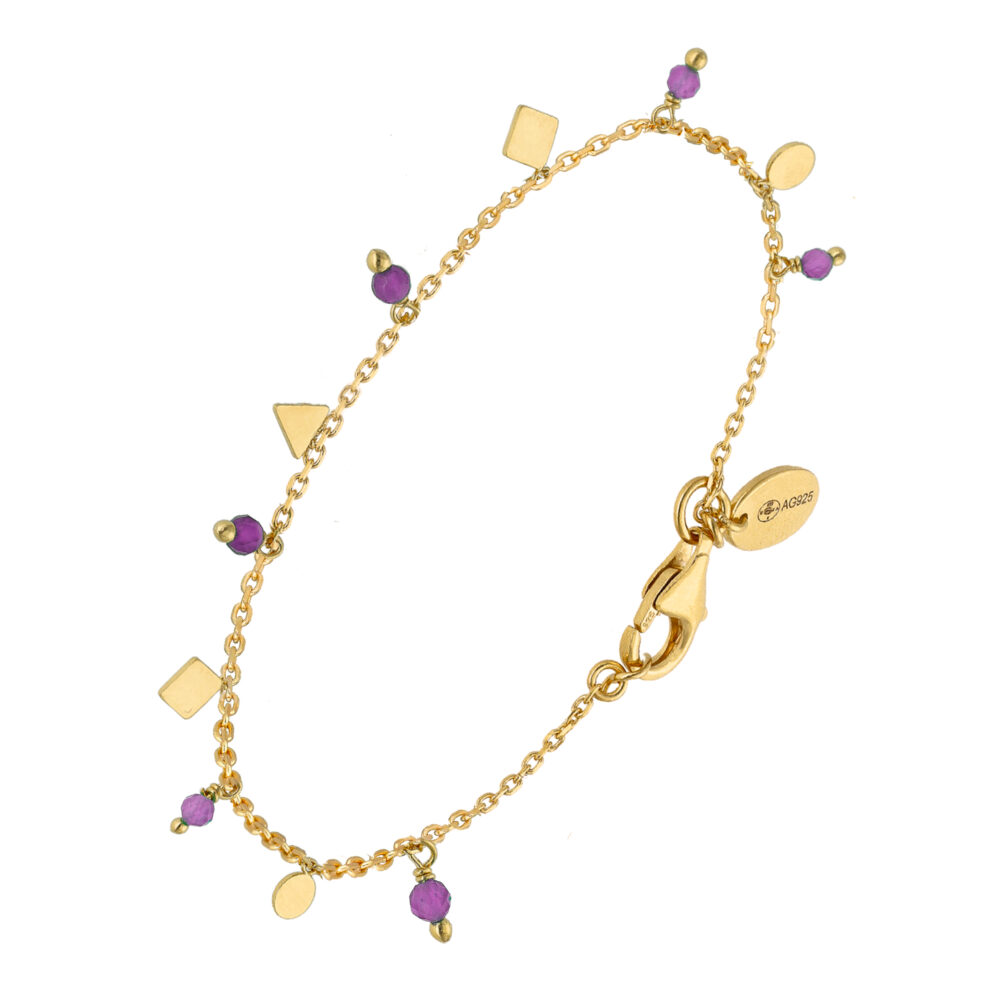 Bracelet argent doré pampilles de forme geometrique et pierre améthyste