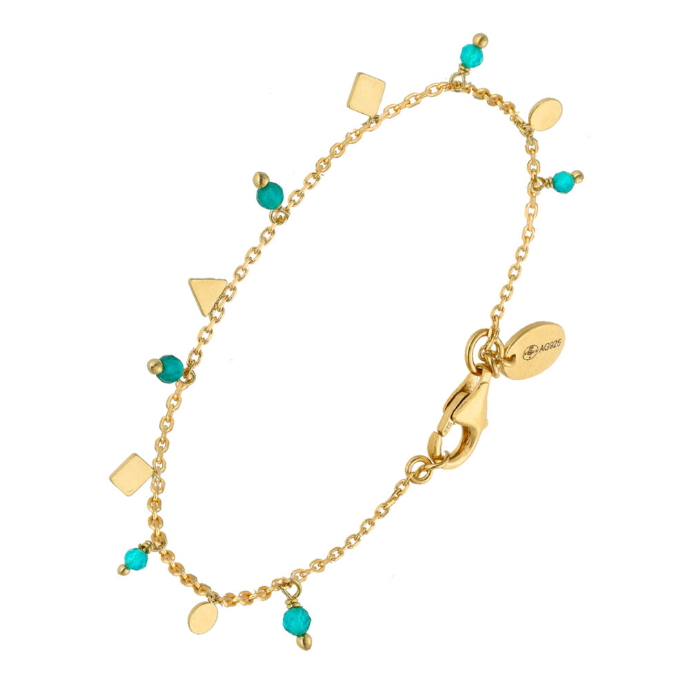 Bracelet argent doré pampilles de forme geometrique et pierre turquoise