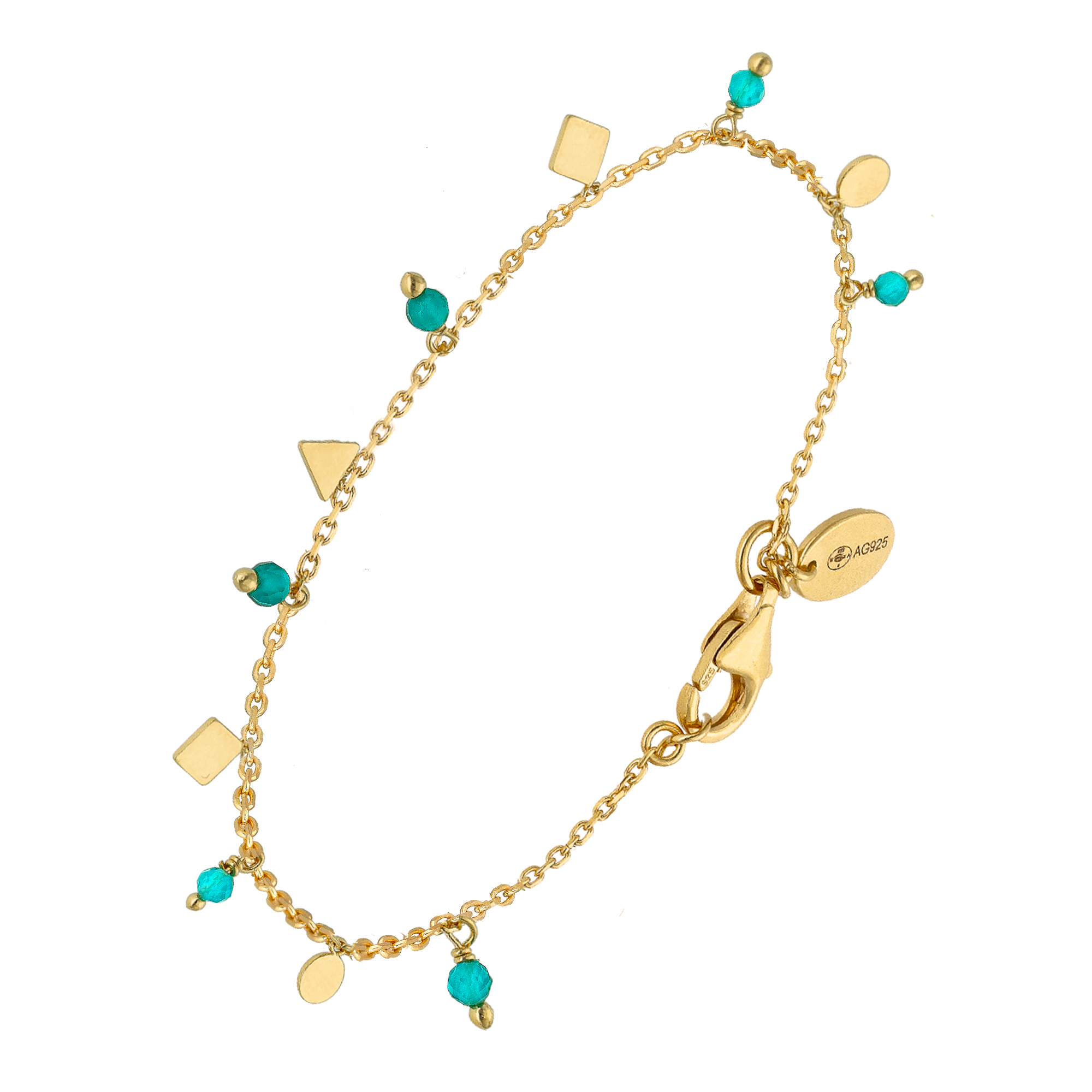 Bracelet argent doré pampilles de forme geometrique et pierre turquoise