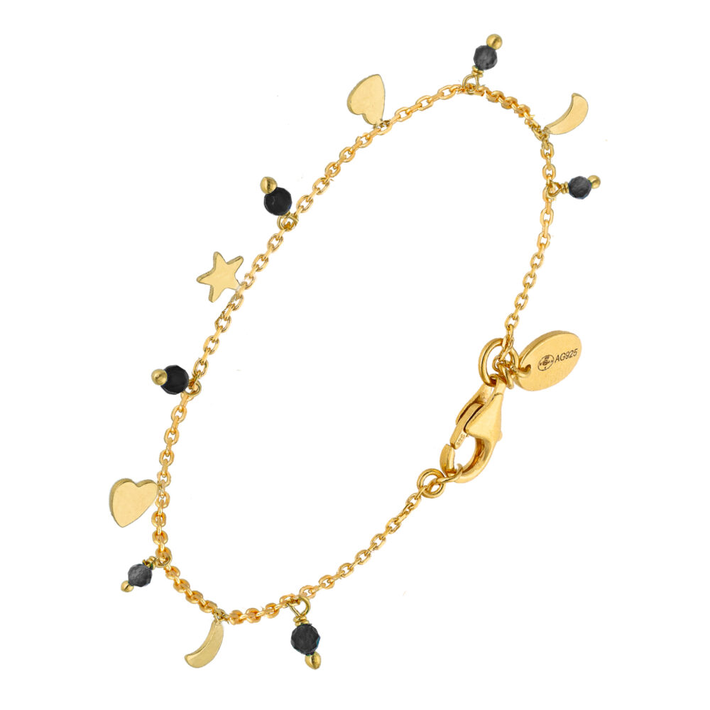 Bracelet argent doré pampilles de forme lune coeur et pierre spinelle noir