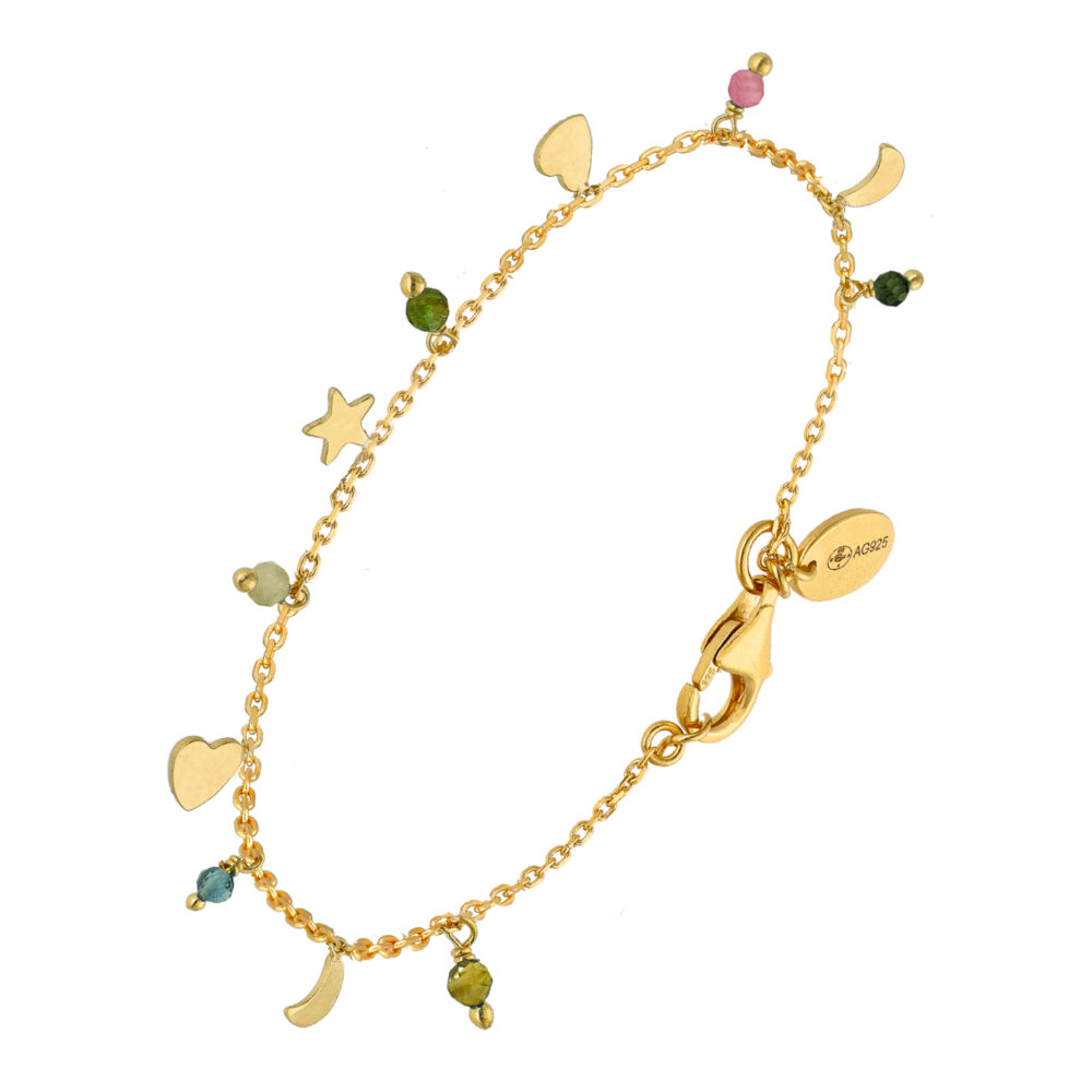 Bracelet argent doré pampilles de forme lune cœur et pierre tourmaline