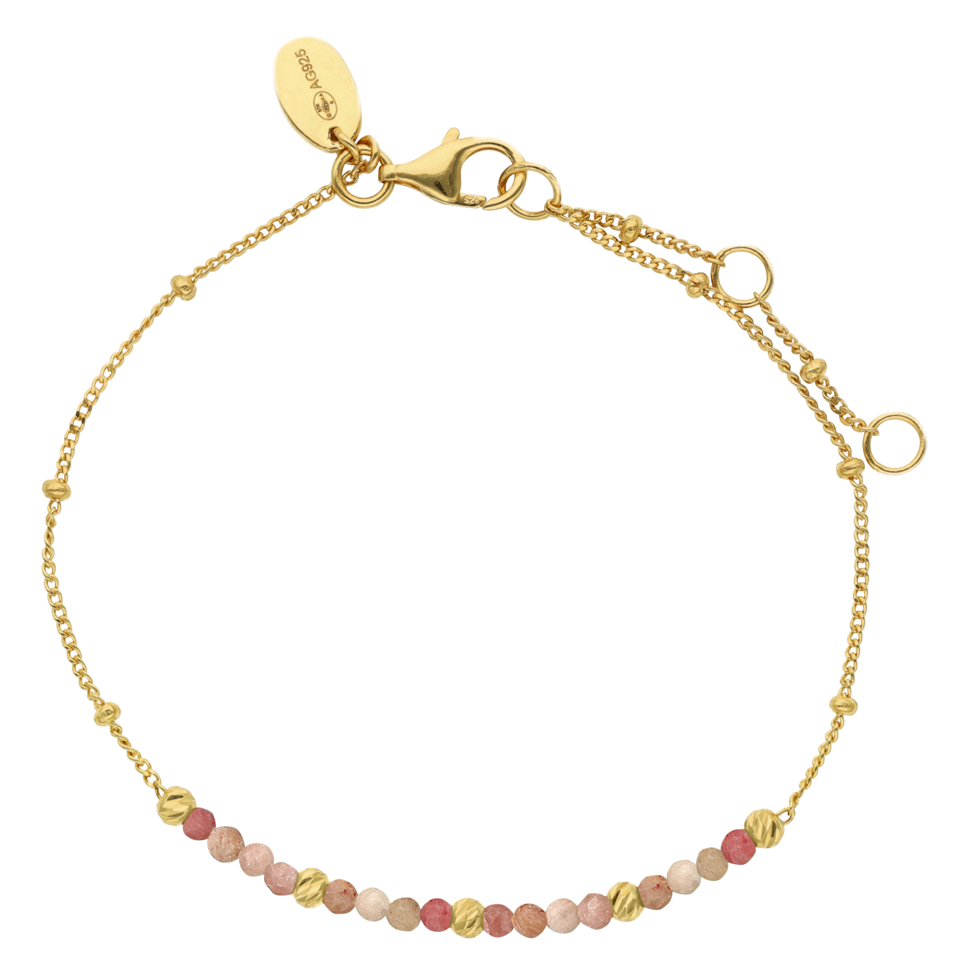 Bracelet argent doré pampilles dorées et pierres naturelles quartz rose fraise