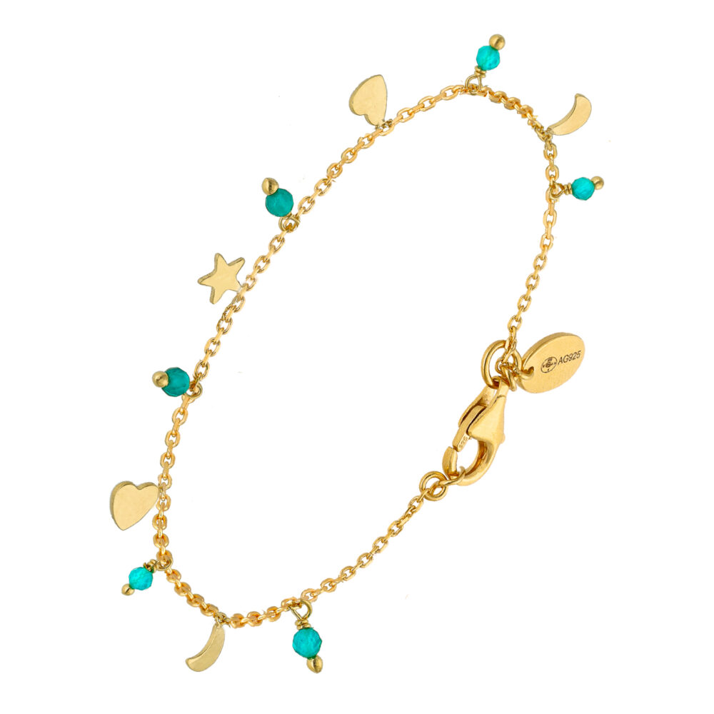 Bracelet argent doré pampilles lune coeur et pierre turquoise