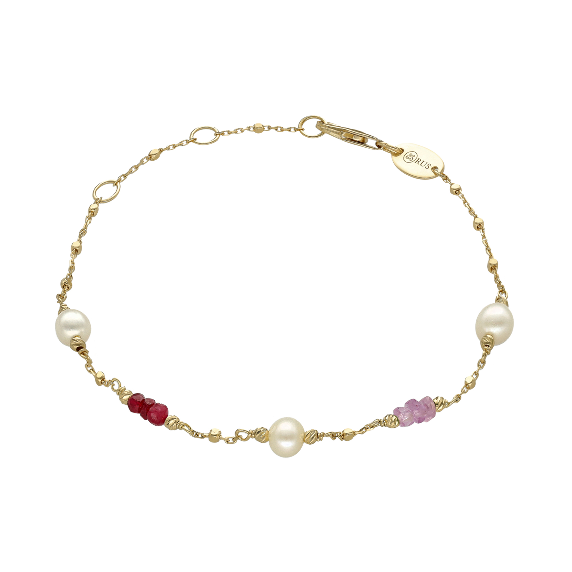 Bracelet argent doré pierres précieuses rubis véritable et perle naturelle blanche