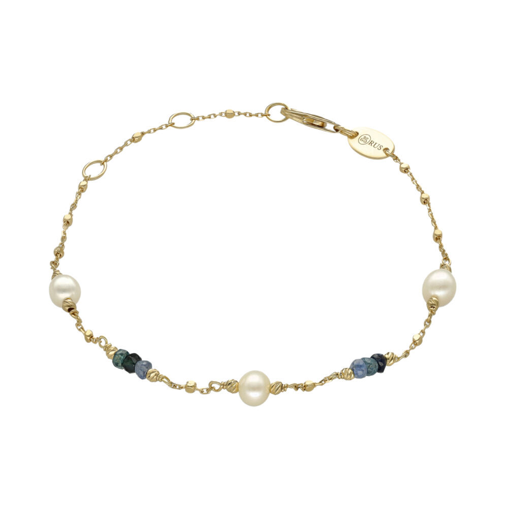 Bracelet argent doré pierres précieuses saphir véritable et perle naturelle blanche119