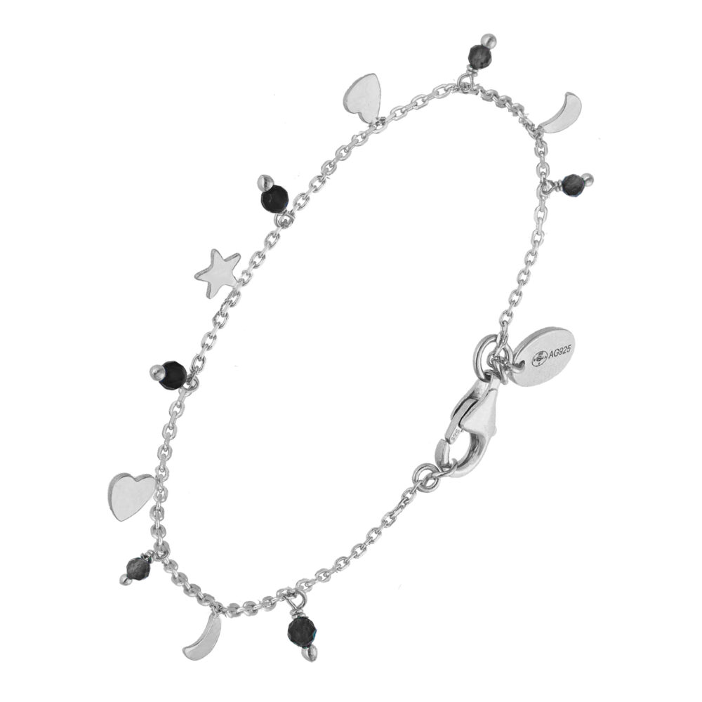 Bracelet argent pampilles de forme lune coeur et pierre spinelle noir