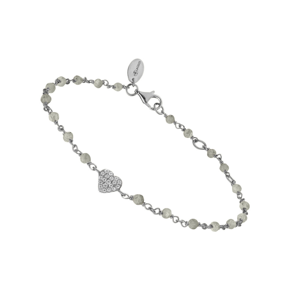 Bracelet argent rhodié cœur serti blanc pierres labradorite