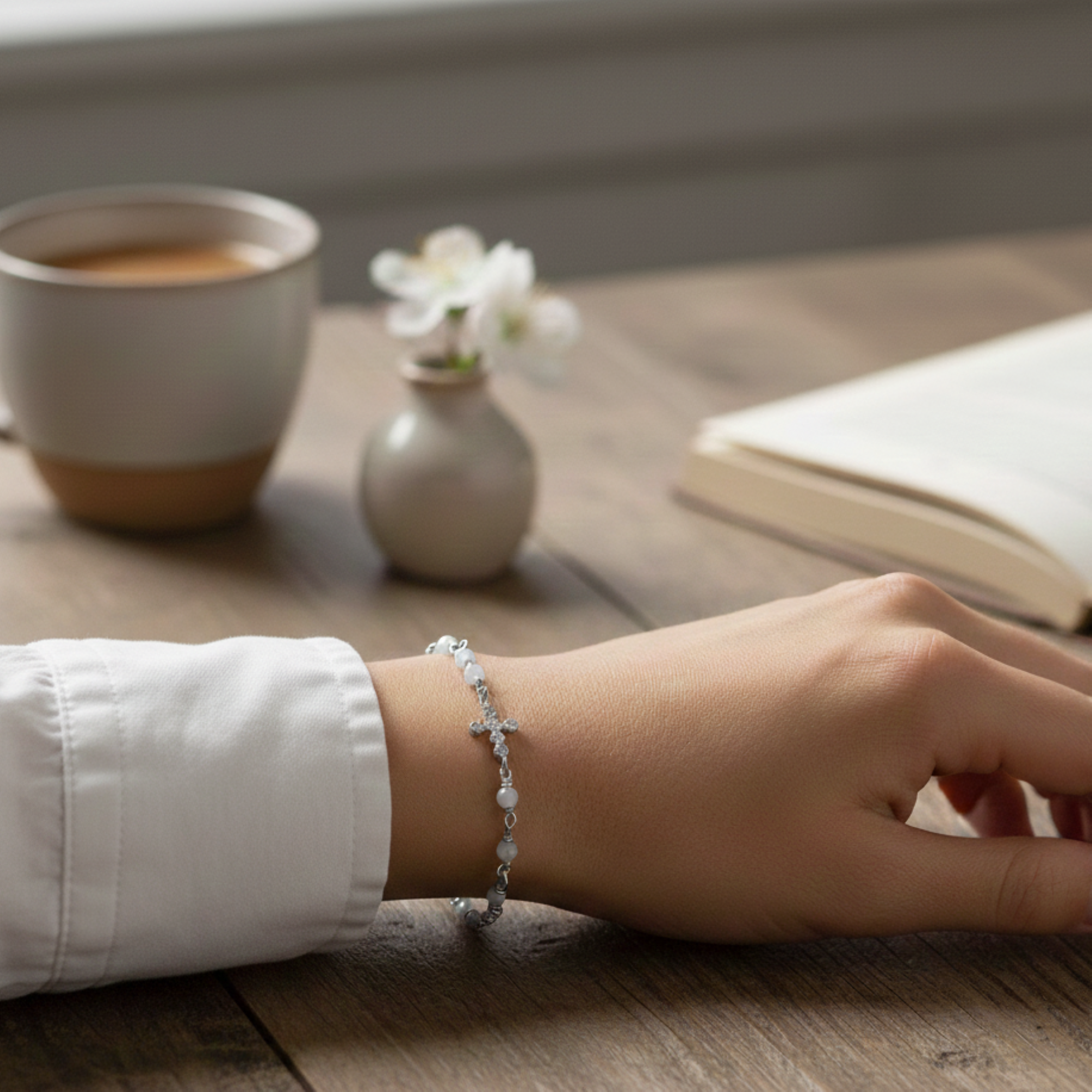 Bracelet argent rhodié croix zirconium blanc et pierres labradorite – Image 2