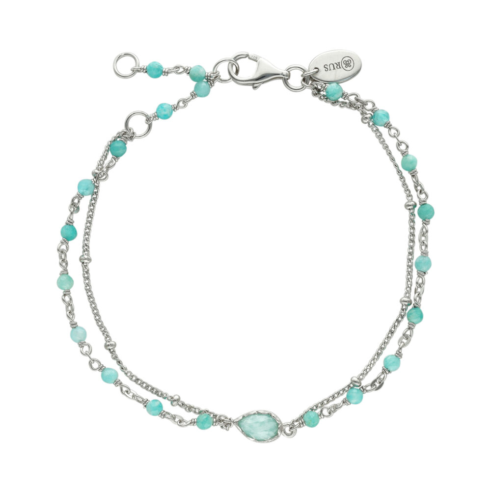 Bracelet argent rhodié double chaine goutte et pierre amazonite