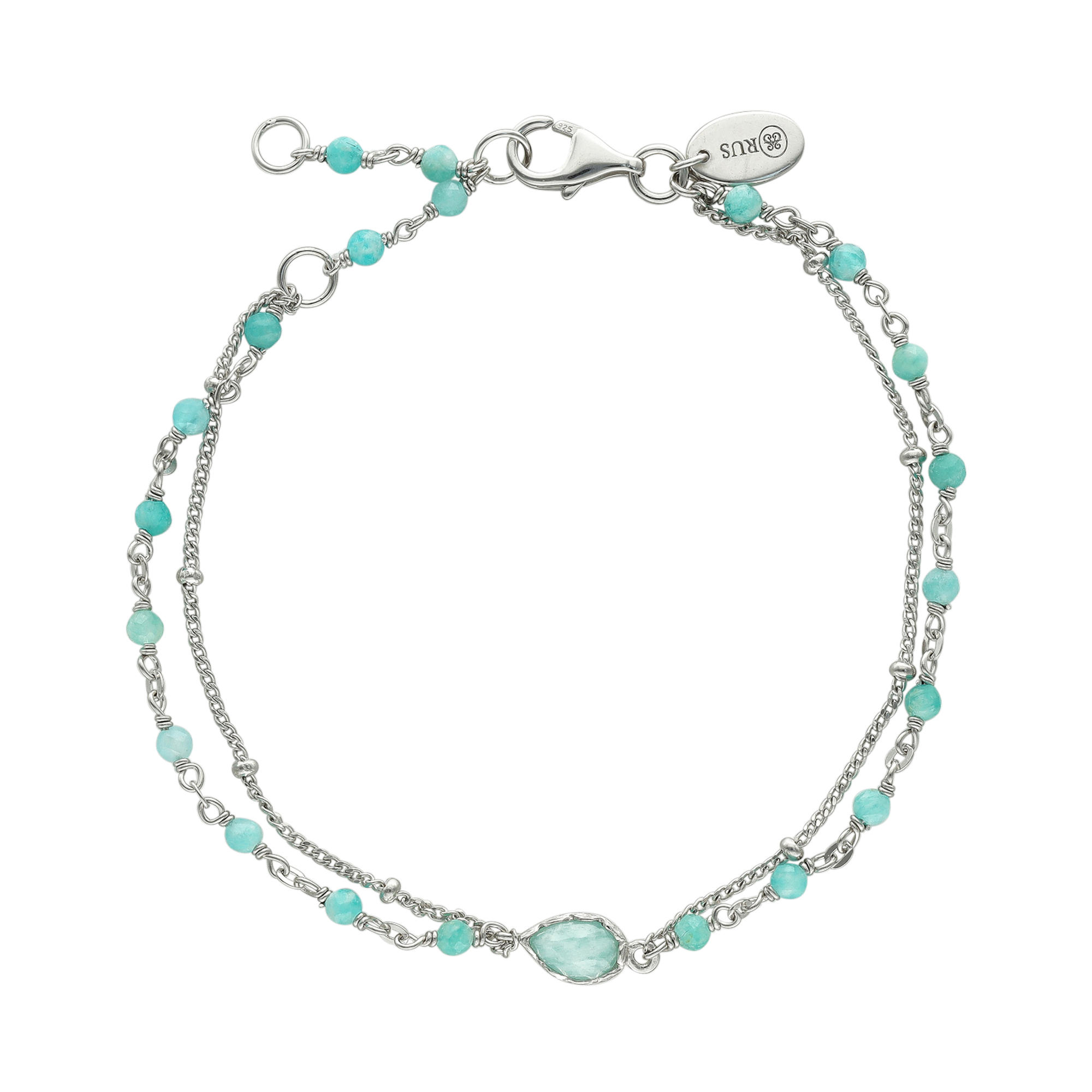 Bracelet argent rhodié double chaine goutte et pierre amazonite