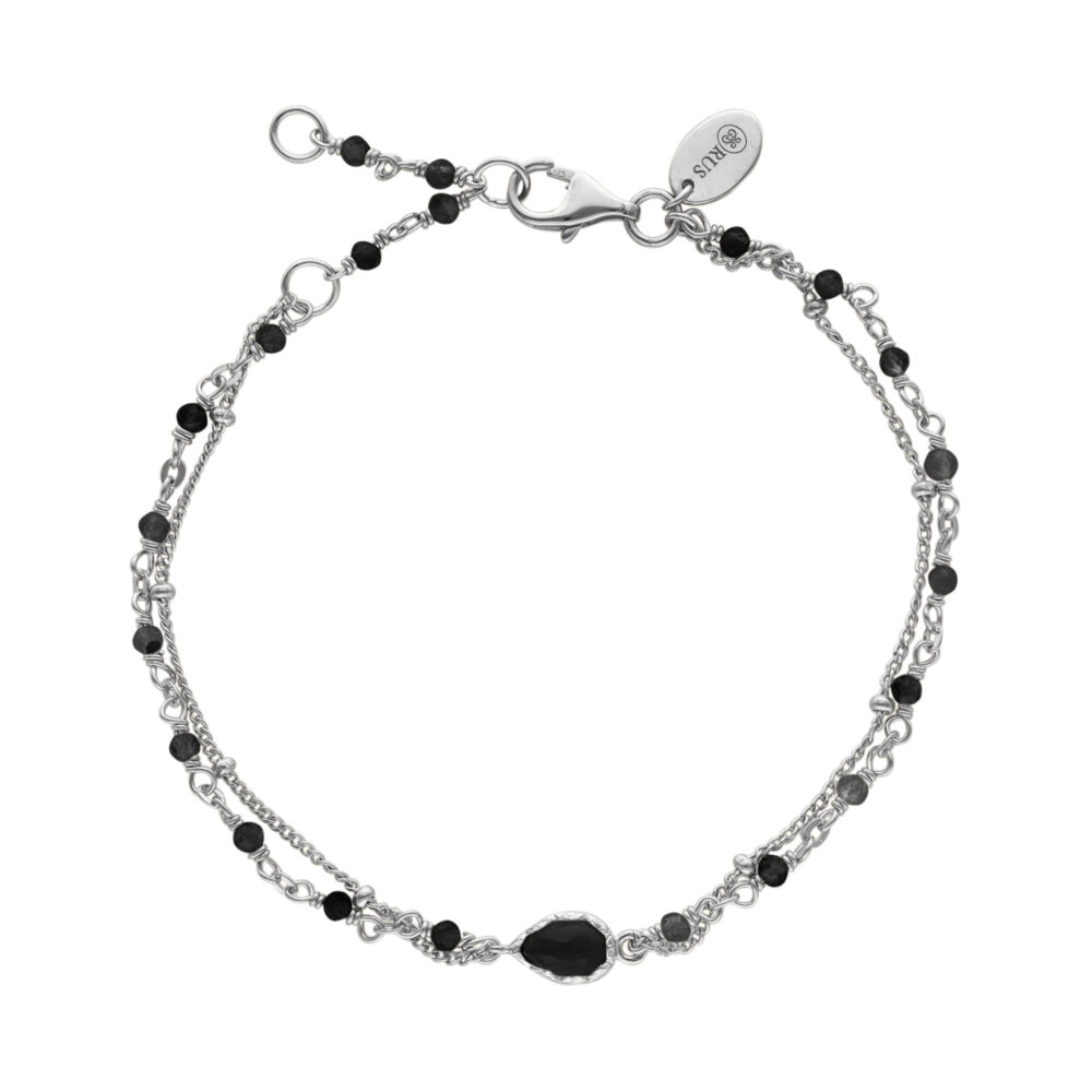 Bracelet argent rhodié double chaine goutte et  pierres spinelles noire