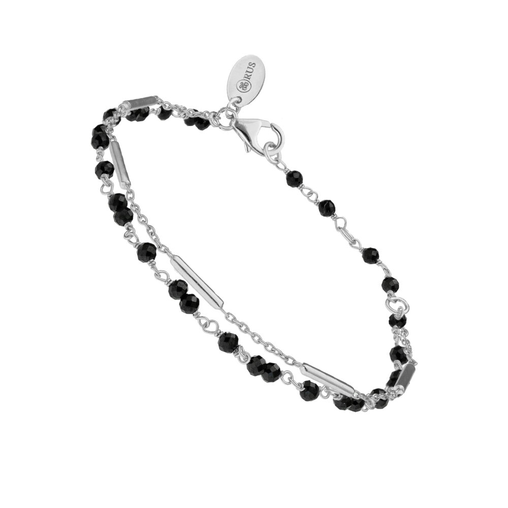 Bracelet argent rhodié doubles chaines barrettes pierres Spinelle noire