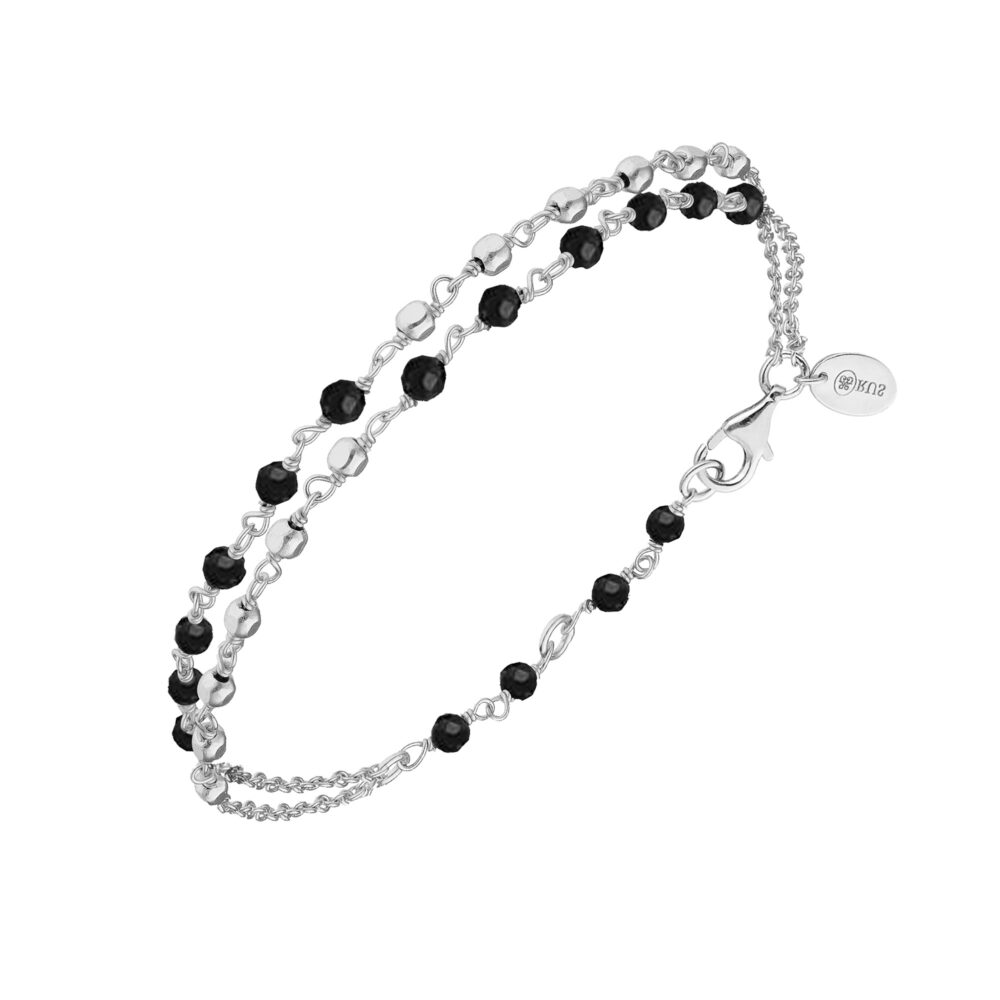 Bracelet argent rhodié doubles chaînes pierres Spinelle noir