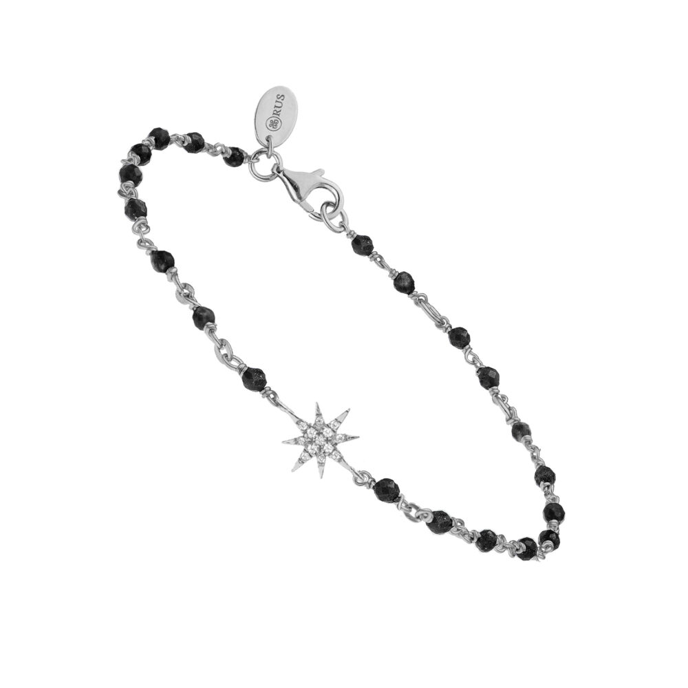 Bracelet argent rhodié étoile zirconium blanc et pierres Spinelle noires