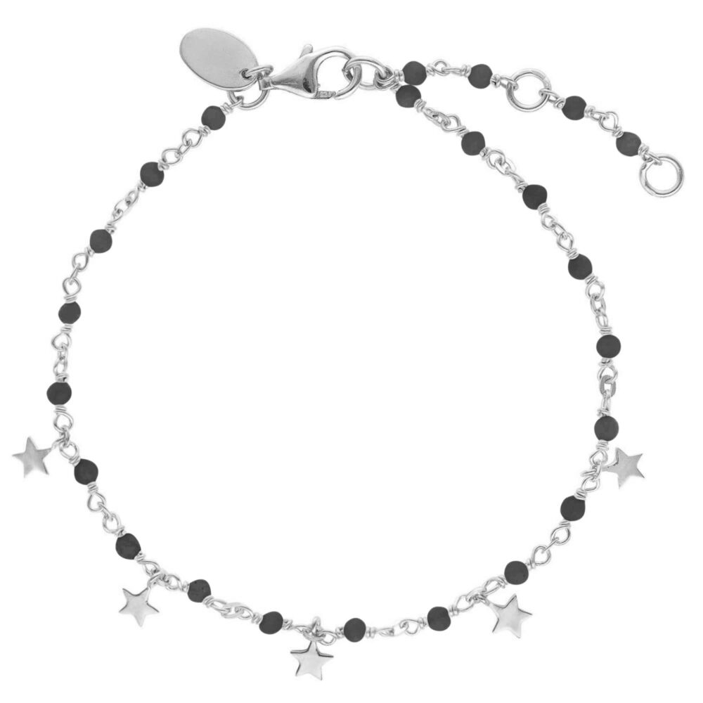 Bracelet argent rhodié étoiles pierres naturelles spinelle noir