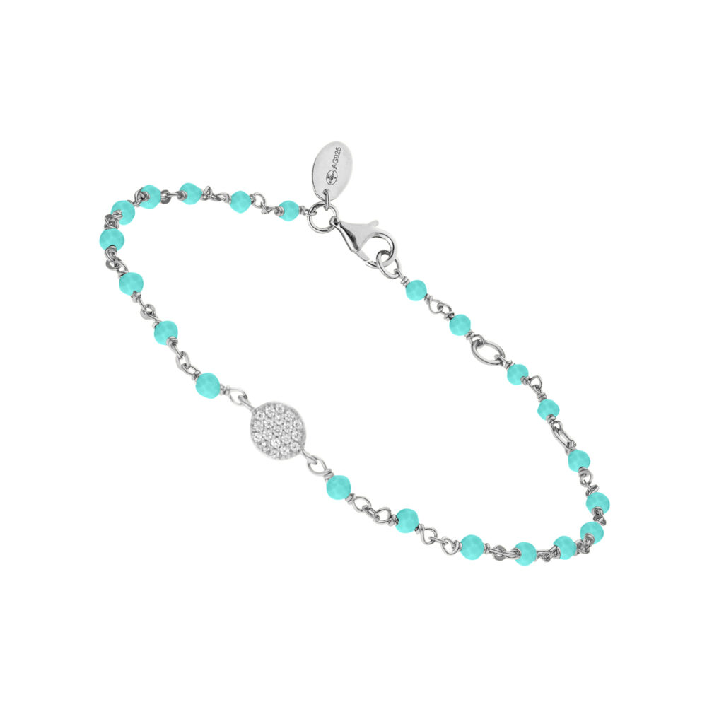 Bracelet argent rhodié médaillon serti blanc et pierre amazonite