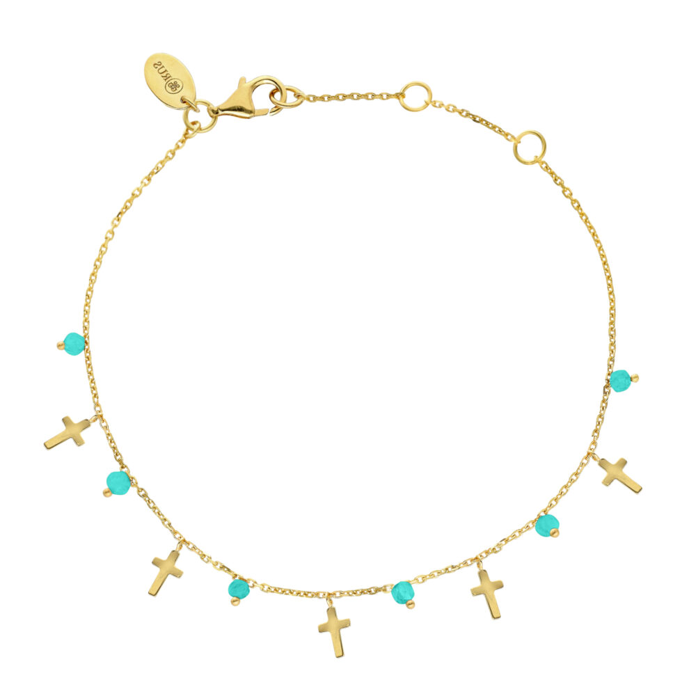 Bracelet argent doré motif croix et pierres amazonite