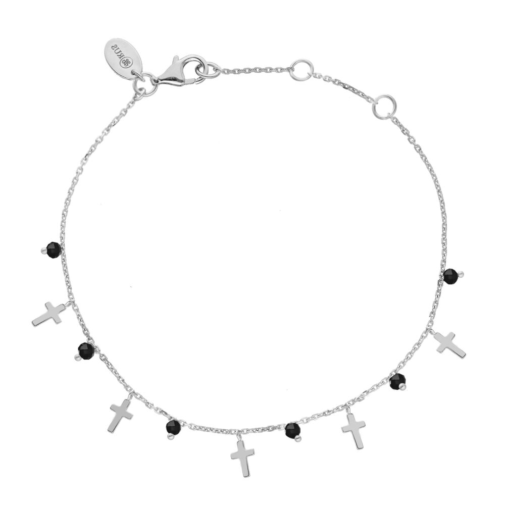 Bracelet argent rhodié motif croix et pierres Spinelle noires