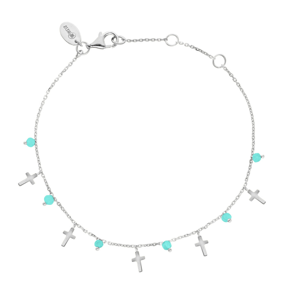 Bracelet argent rhodié motif croix et pierres amazonite