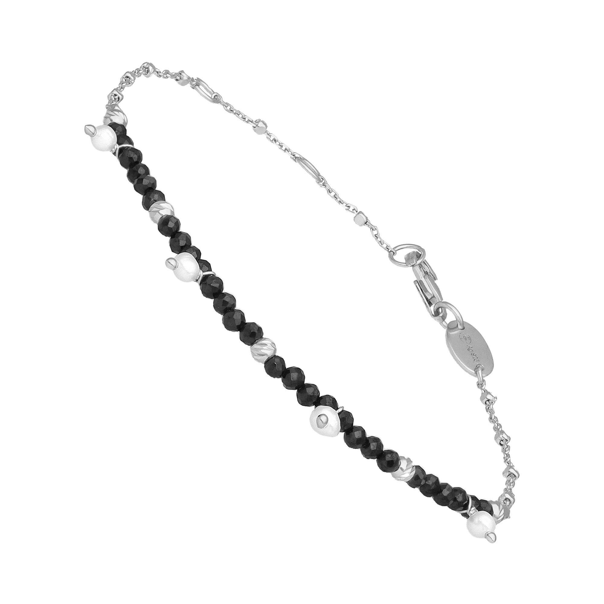 Bracelet argent rhodié pampille perle naturelle et spinelle noire