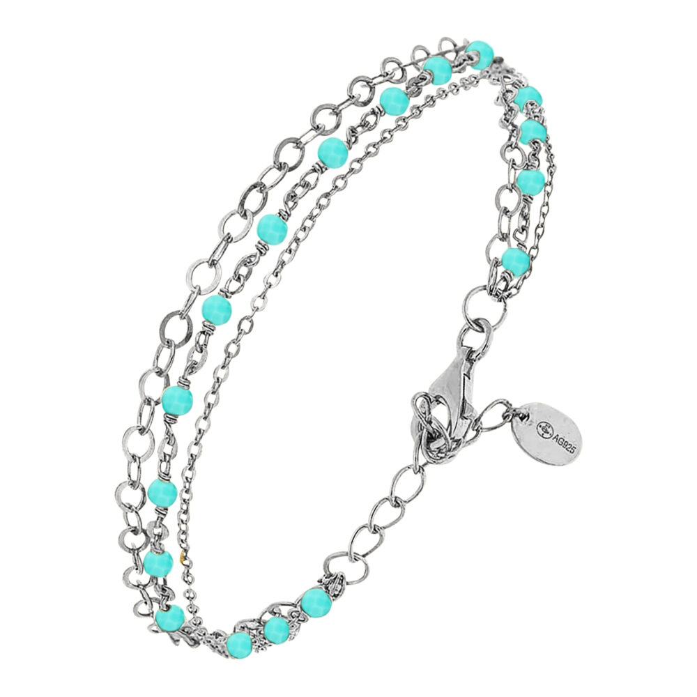 Bracelet argent rhodié triple chaine petite perles pierre amazonite