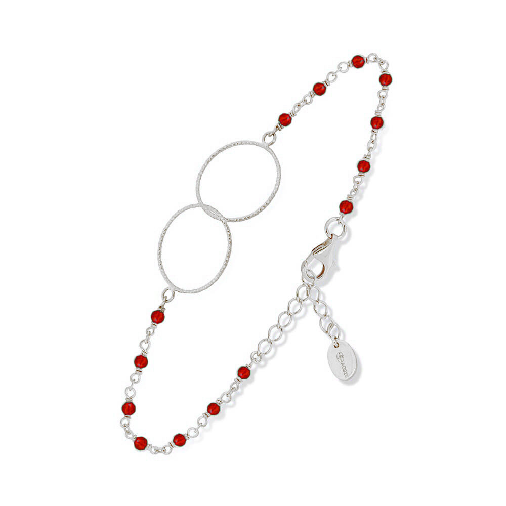 bracelet argent rhodié double rond et pierre rouge