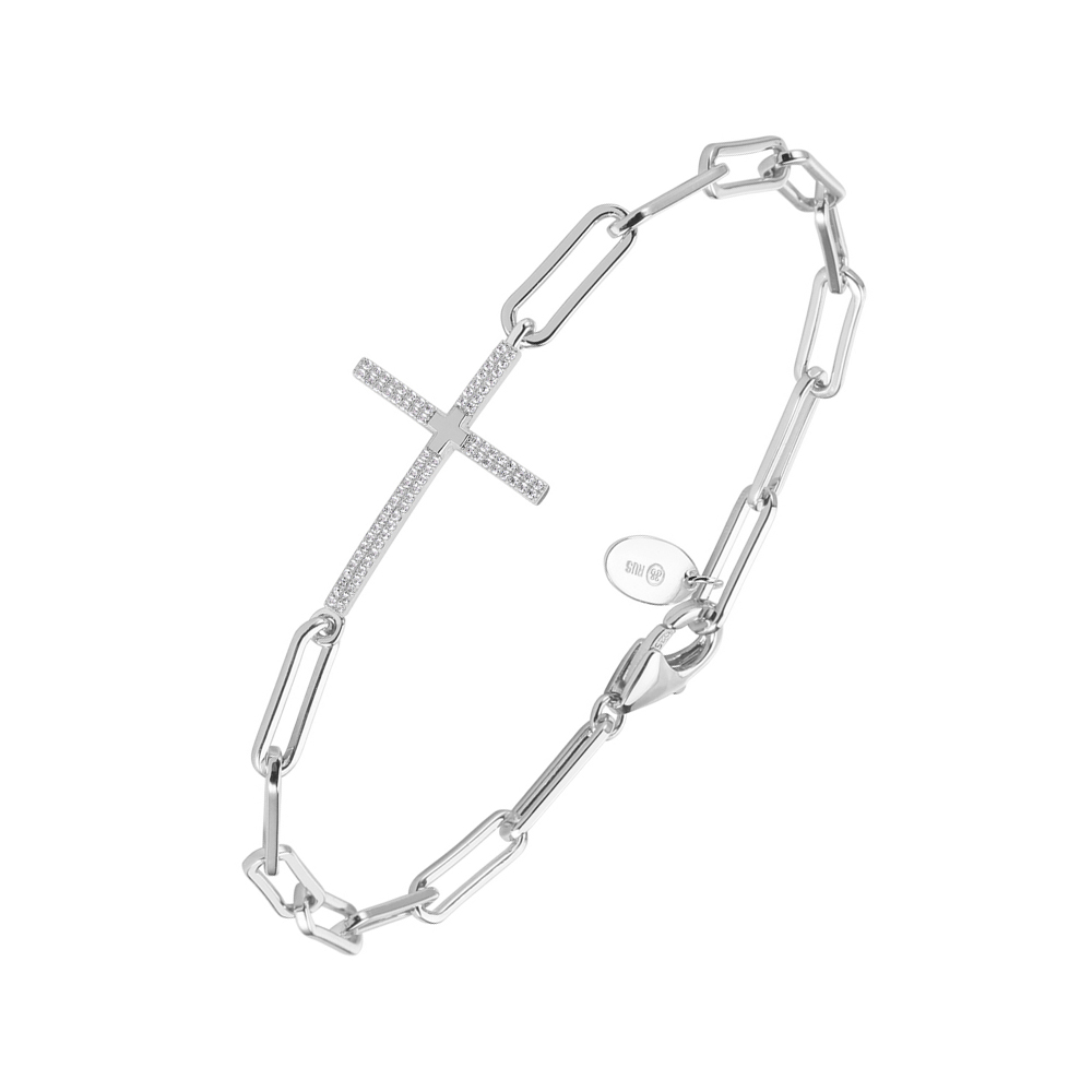 Bracelet chaine argent croix serti de pierre blanche