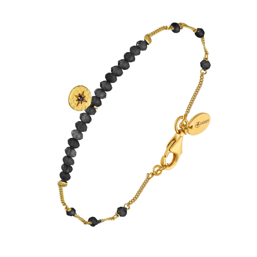 Bracelet chaîne argent doré avec pierres spinelle noir et pampille