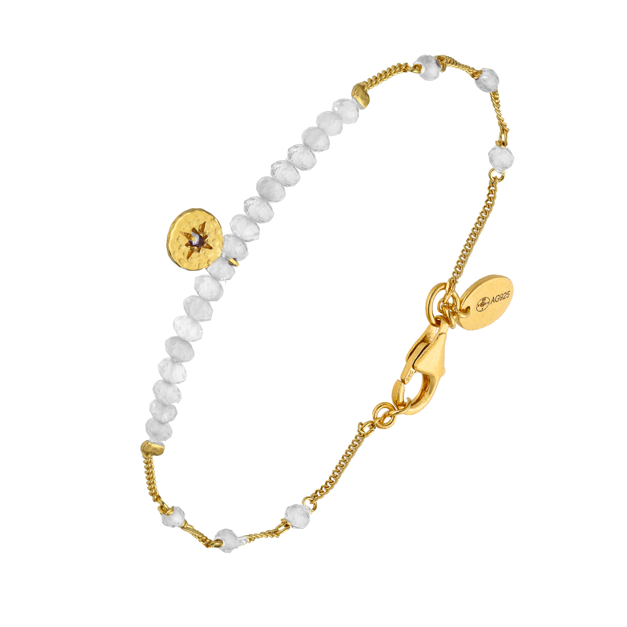 Bracelet chaîne argent doré avec pierres de lune blanche et pampille