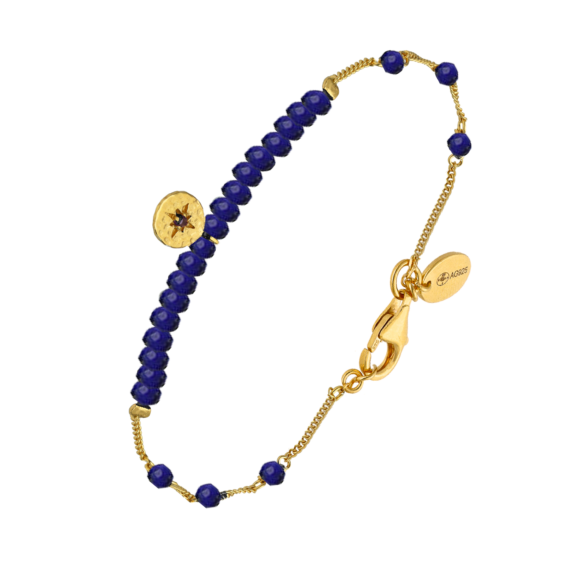 Bracelet chaîne argent doré avec pierres lapis et pampille