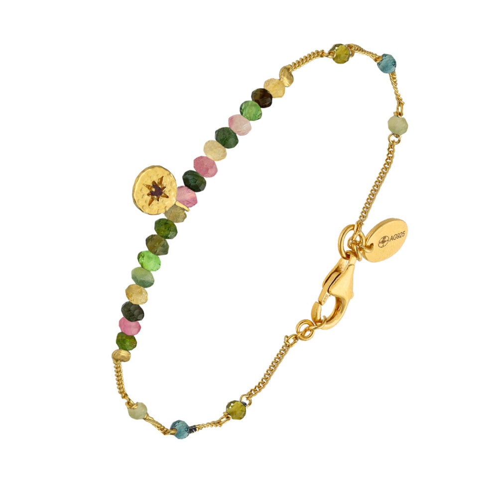 Bracelet chaîne argent doré avec pierres tourmaline et pampille