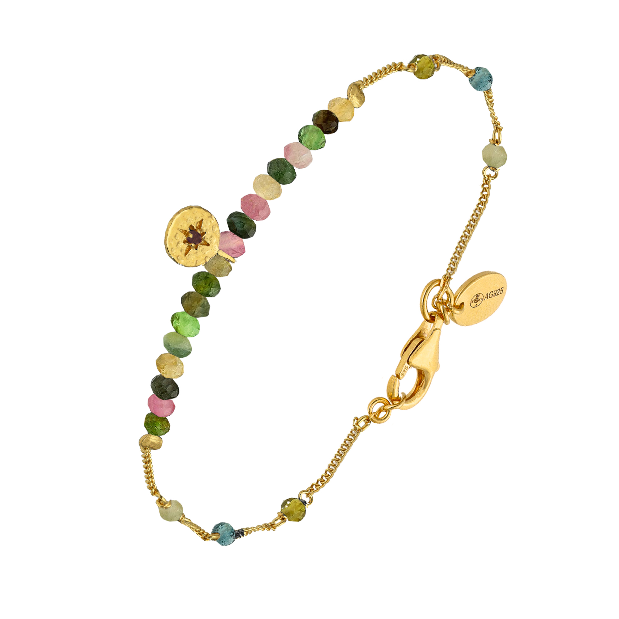 Bracelet chaîne argent doré avec pierres tourmaline et pampille