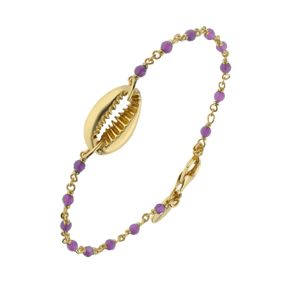 Bracelet chaine en argent doré avec pierres naturelles d'amethyste et coquillage