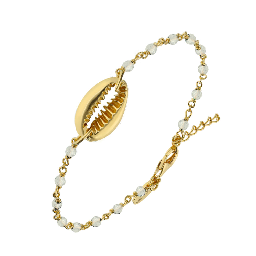 Bracelet chaine en argent doré avec pierres naturelles de lune blanc et coquillage