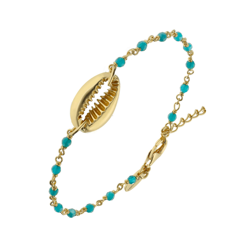 Bracelet chaine en argent doré avec pierres naturelles turquoise et coquillage