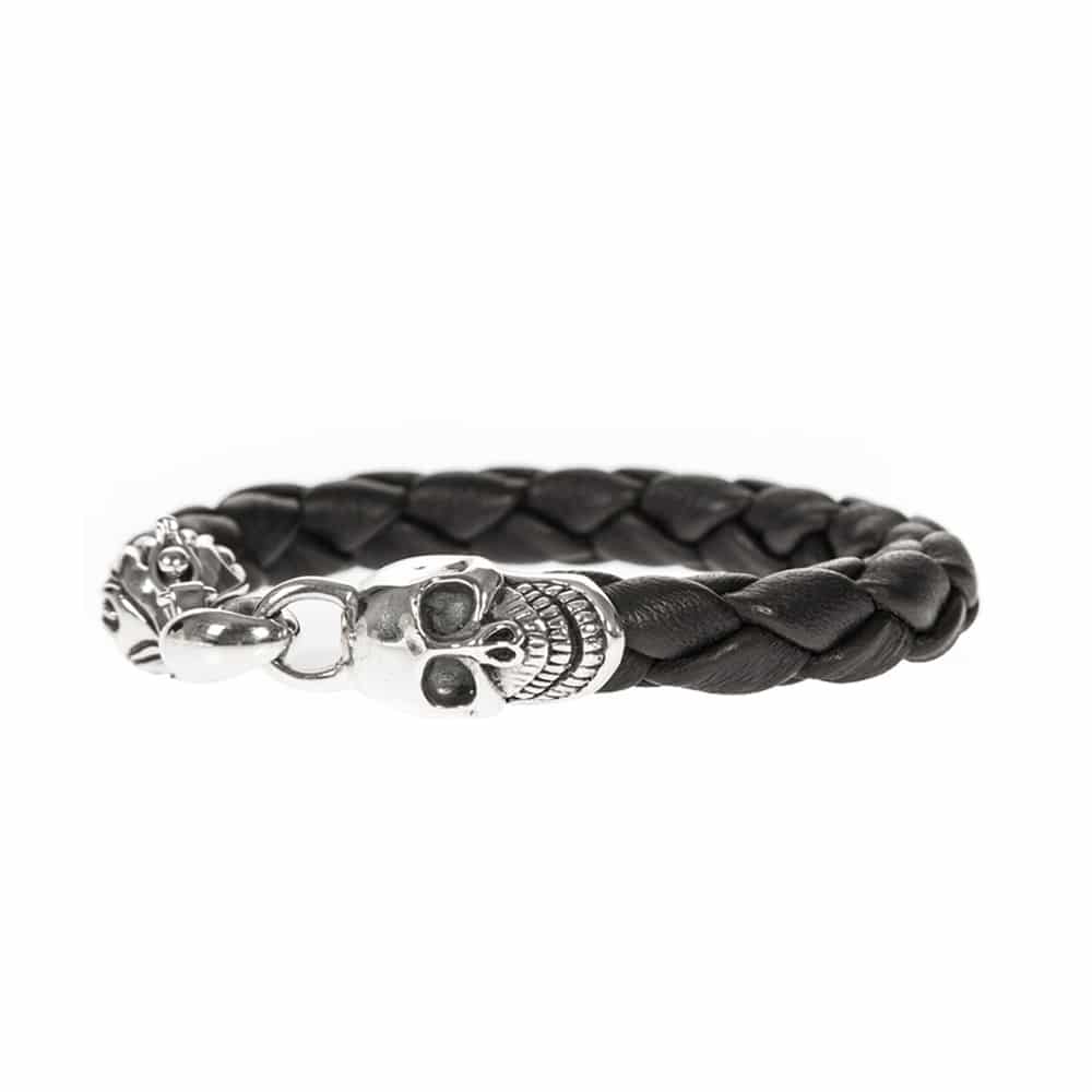 Bracelet homme cuir noir tête de mort en argent