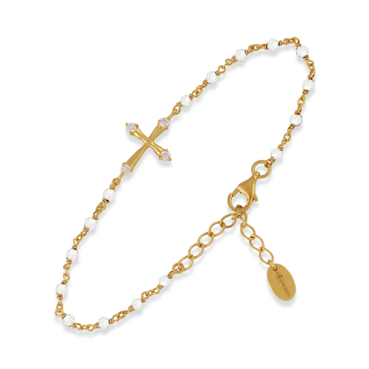 Bracelet en argent doré croix pierres naturelles blanches