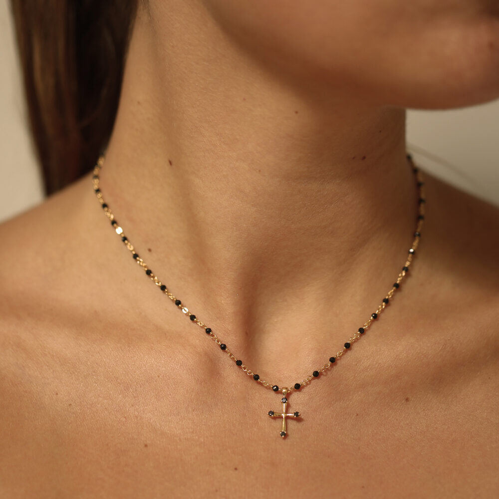 Alternative view of Collier argent rhodié croix et pierres naturelles noir