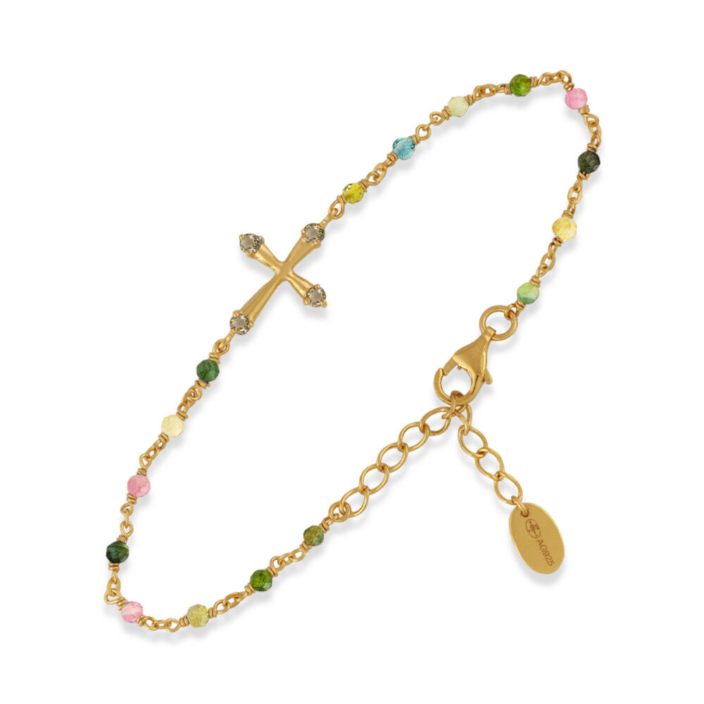Bracelet en argent doré croix pierres naturelles tourmaline
