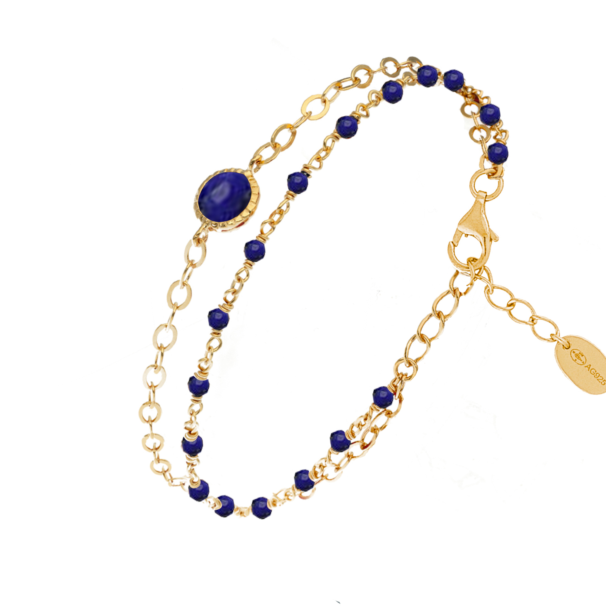 Bracelet en argent doré double chaine pierres naturelles lapis