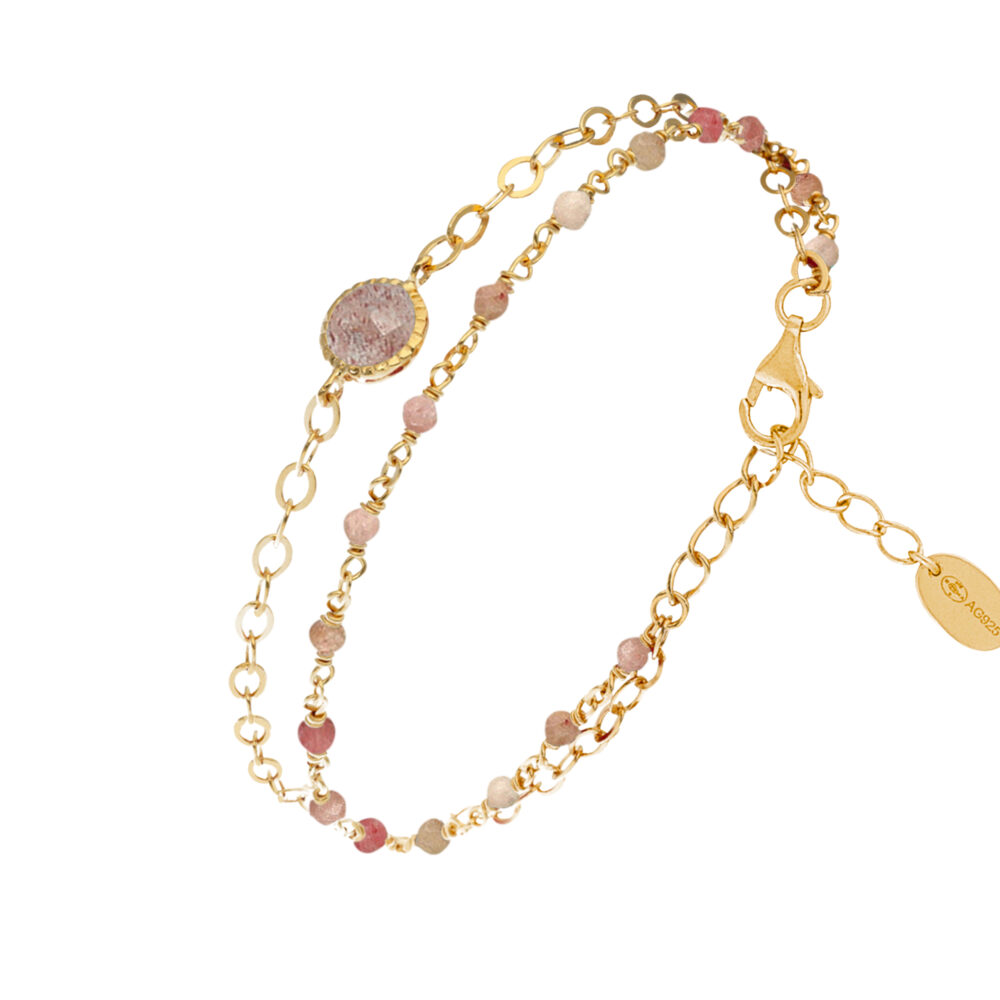 Bracelet en argent doré double chaine pierres naturelles quartz rose fraise médaillon quartz rose fraise